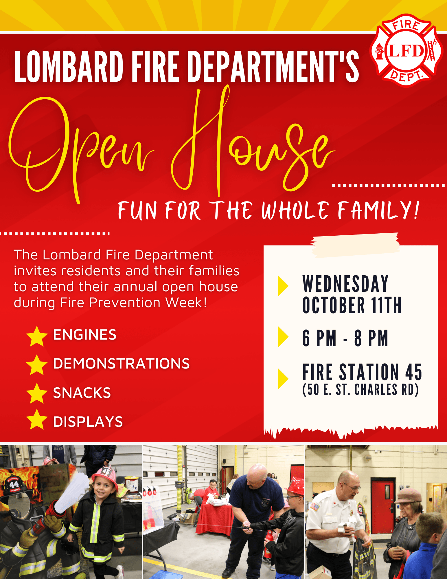 Fire Department Open House Flyer with event details and photos kids at last year's event