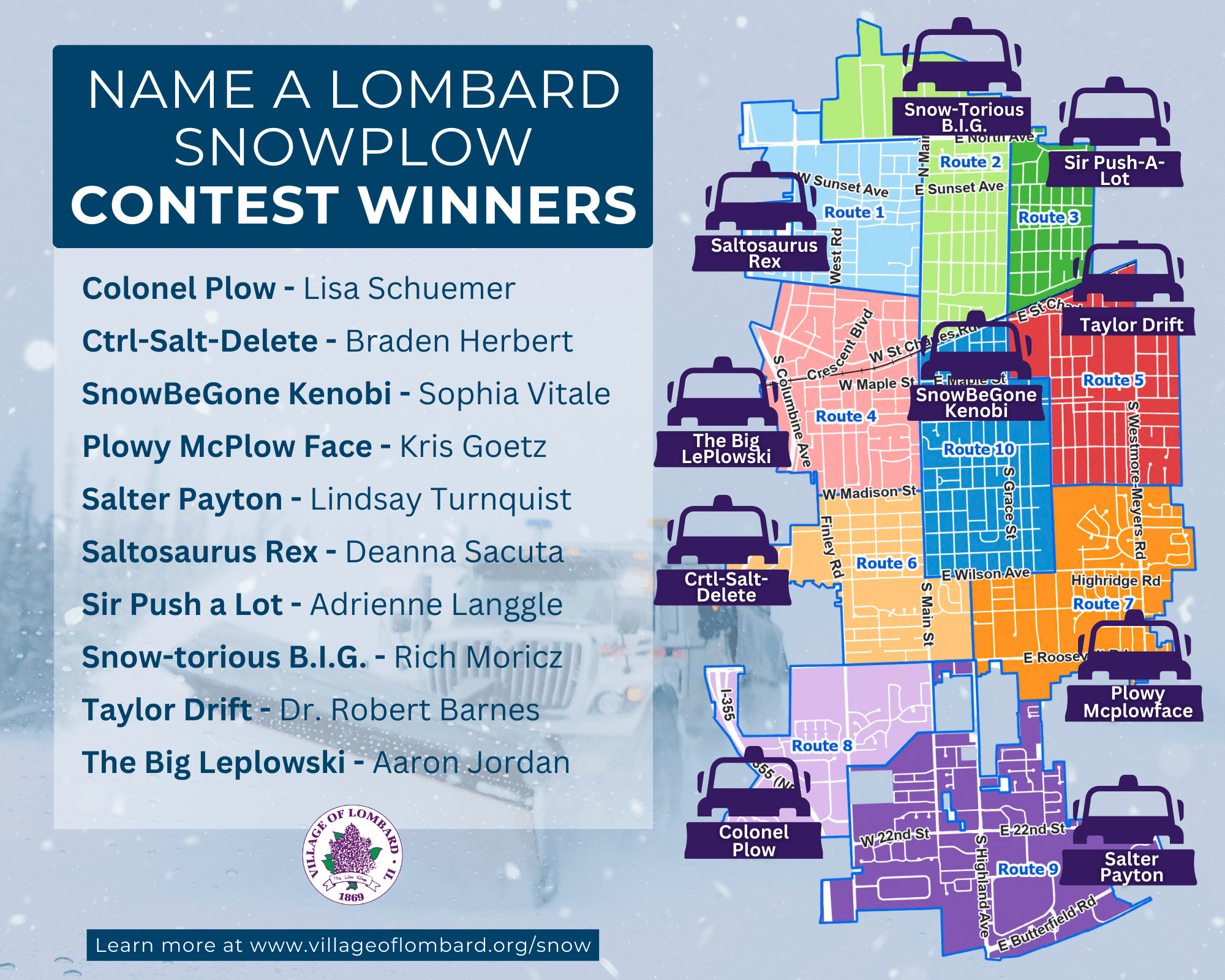 map of 10 snow plow routes and snow plow truck names